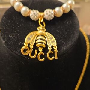 Gucci Gold Bee Pendant Bracelet with Pearl Accents